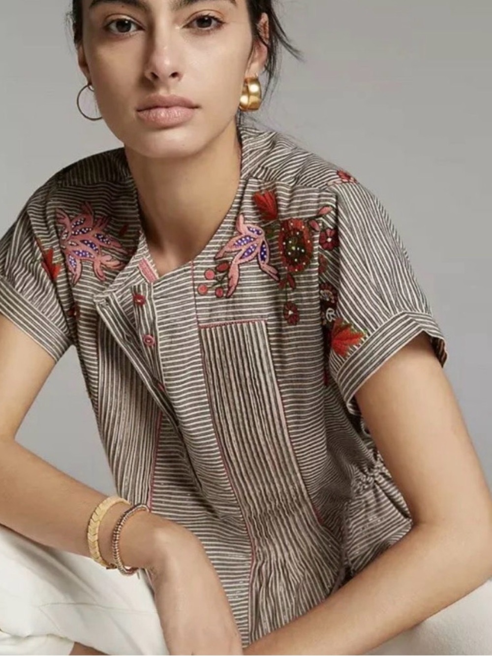Anthropologie 5X Ajit Kumar Aretha Embroidered Beaded Metallic Blouse Medium